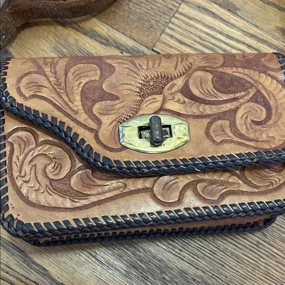 Handcrafted Leather Clutch Small Brown Floral Detail Adjustable Strap - Picture 2 of 9